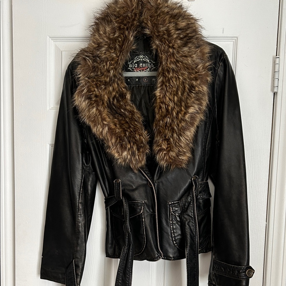 Big Chill Women's Black Leather Jacket with Brown Fur Collar